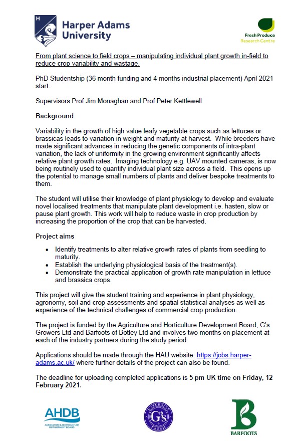 vegprof's tweet photo. Want to help to reduce #foodloss in the field?  We are looking for a grad to use their skills in plant physiology to help develop new precision agronomy treatments in high value field crops.  Fully funded PhD at @HarperAdamsUni   Deadline is Feb 12th. https://t.co/RTv5TeYGZK
