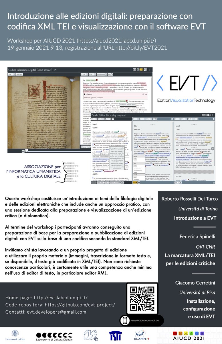 RobertoRDT's tweet photo. Workshop online su EVT per AIUCD 2021, introduzione alla codifica TEI poi sessione pratica con EVT. Iscrizioni aperte all'URL https://t.co/L0az0O35Go e se state lavorando a un progetto di edizione digitale portate i vostri materiali! #digitalhumanities #evt https://t.co/hdPjDl7g3k
