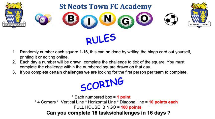 The whole academy is kicking off a fun activity today for our players - Academy Bingo. 16 days, 16 numbers, 16 activities. We’ll share the chaos with you here on Twitter. 

#football #grassroots