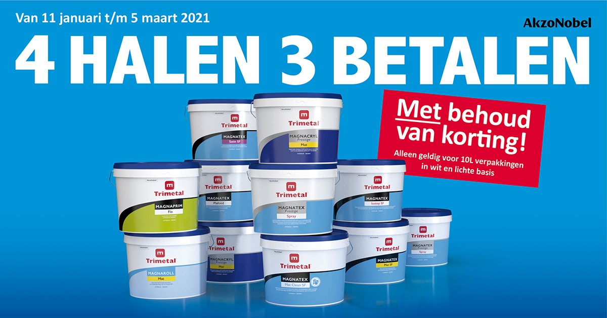 We beginnen 2021 goed, met een mooie Muurverven actie! 4 halen is 3 betalen. Vraag er naar bij je Trimetal grossier!
