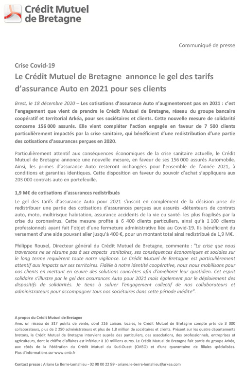 Bonne nouvelle pour tous nos assurés auto !
Il n’y aura pas d’augmentation des cotisations Assurance Auto en 2021.
Cette décision complète la mesure de redistribution d'une partie des cotisations 2020 à nos sociétaires les plus touchés par la crise.
Ensemble faisons face !