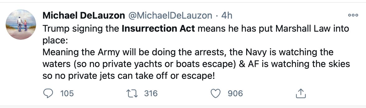 Sigh. Insurrection Act signed. The pope was arrested for child molesting. Pakistan blackouts are PROOF that blah blah blah. Just put these people in jail already.