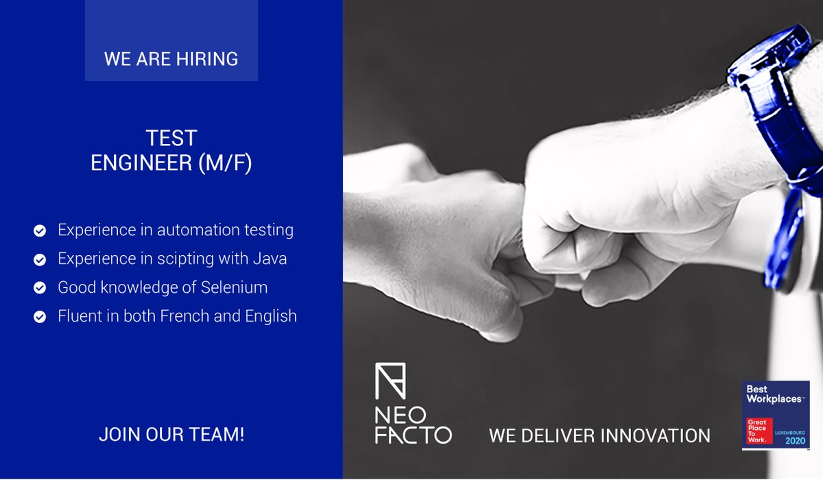 We are #hiring! 🚀
We are looking for a #Testengineer!

Do you want to take part in #innovative projects and join a #greatplacetowork?

So check our #offer: lnkd.in/dTTAtnh

#joboffer #luxembourg #career #neofacto #joboftheweek #testing #engineer #GPTW2020 #java #Selenium