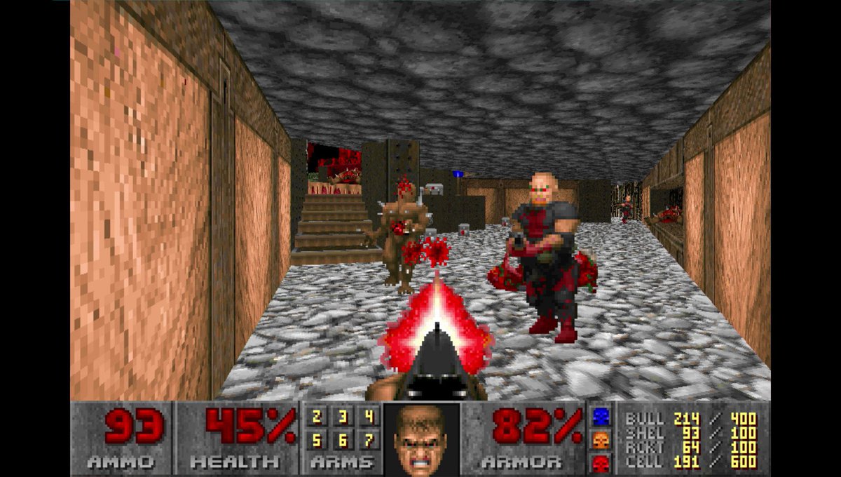 1993: Doom was released. This was very much the spiritual successor to Wolfenstein 3D. Both by ID, both look similar in appearance. The earlier game used raycasting to achieve fast 3D on very slow machines, Doom used a more sophisticated engine that led to more complex levels.