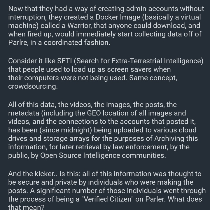 Remember how people were dunking on Parler for being built on WordPress? Well, through a plug-in exploit, literally all the user data (including photos of verified state id cards) has been retrieved by hackers and is being posted online. Lmao  https://www.reddit.com/r/ParlerWatch/comments/kuqvs3/all_parler_user_data_is_being_downloaded_as_we/giu04o6