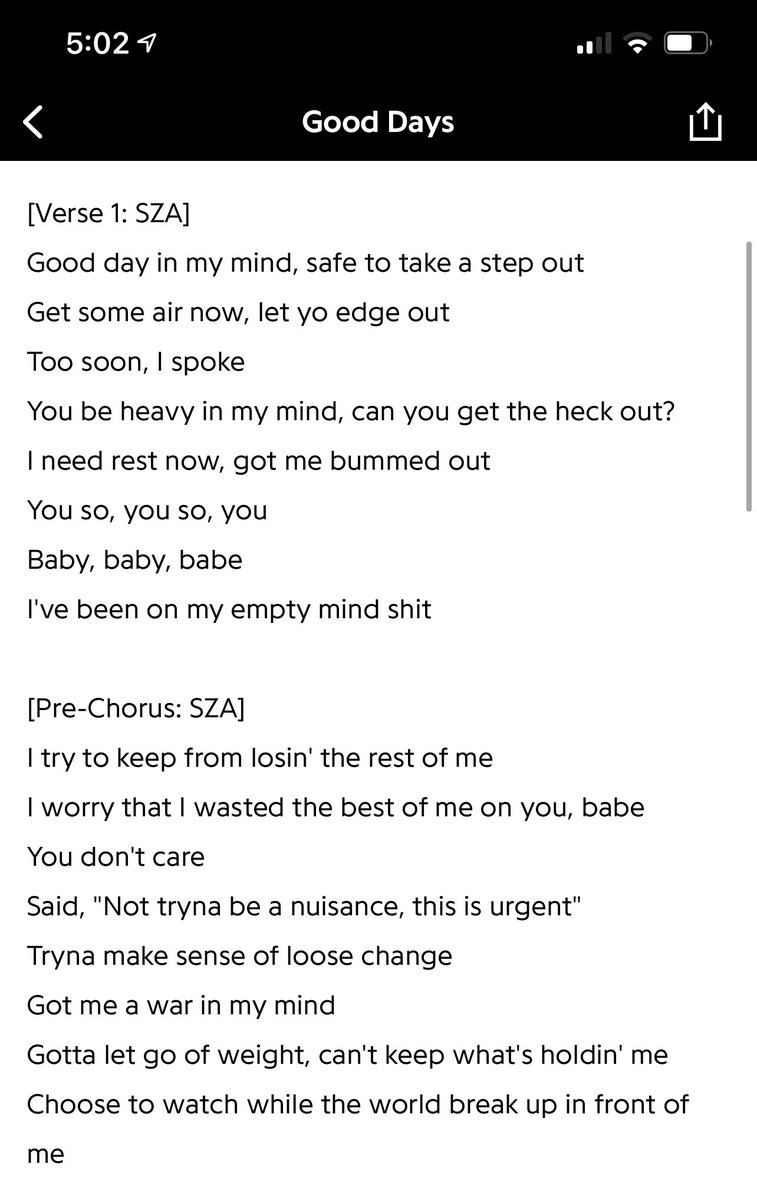 ebonymr95's tweet photo. sza releasing good days right before i got dumped is the only blessing i’ve felt in a hot min i’ve found my post break up tune https://t.co/sIMeAt5wZZ