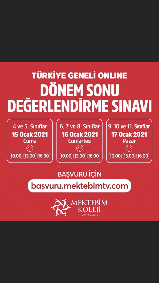 Türkiye Geneli Online Dönem Sonu Değerlendirme Sınavı’na girecek olan tüm öğrencilerimize başarılar dileriz..

BAŞVURU İÇİN
başvuru.mektebimtv.com
#mektebim #GelecekBenim