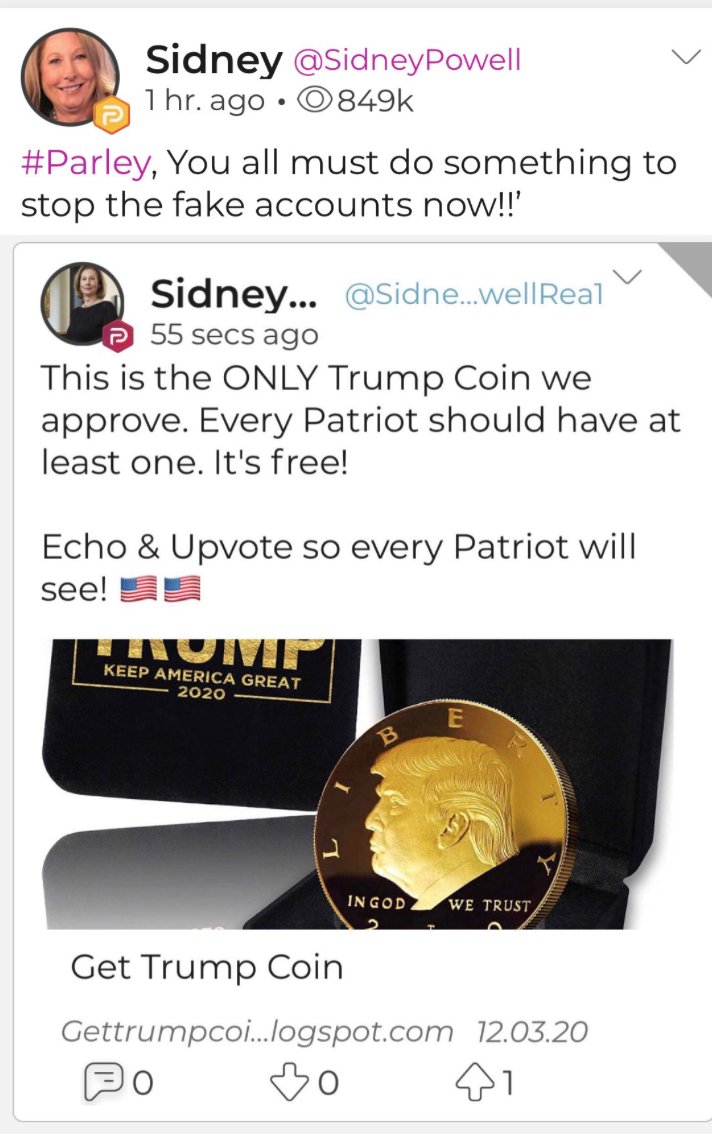 Real Sidney Powell provider of fake news complains about fake Sidney Powell selling real gold coins.