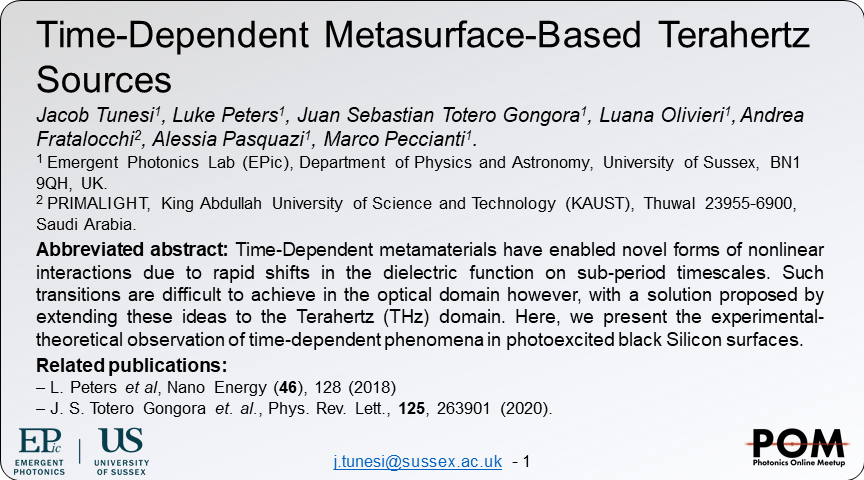 JTunesi's tweet photo. We present the first characterisation of a photoexcited temporal boundary acting on a Black Silicon THz metasurface source. Previous Publication: https://t.co/mQG7UNORcG @PhotonicsMeetup @EPICSUSSEX #POM21ja #POM21meta https://t.co/u5FR3rdmrL