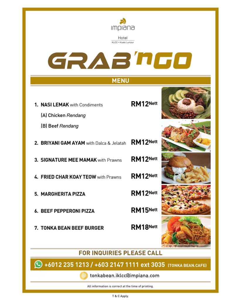 ImpianaKLCC's tweet image. With the ongoing pandemic, Impiana KLCC Hotel wants you to stay home safely and only travel if necessary! Check out our Grab &amp;amp; Go promo to find great deals to order! Call us at 03-2147 1111 or email us at tonkabean.iklcc@impiana.com for inquiries. #impiana #klhotels #food