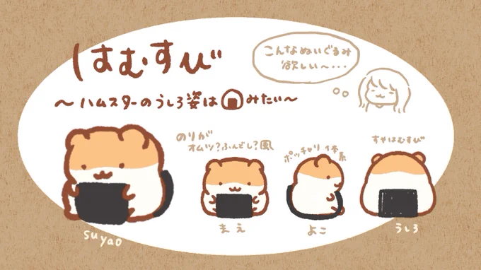 ?はむすびぬいぐるみ?
ハムスターが座り込んだ後ろ姿はおにぎりみたいなので、こんなぬいぐるみがあったらいいなと考えてみました? 
