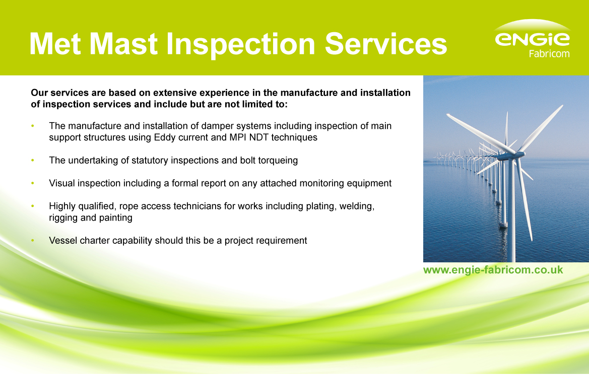 At <a href="/ENGIEFabricom/">ENGIE Fabricom UK</a> we are proud to lead the market with a range of Met Mast Inspection Services that will ensure the operational life of your Met Mast is maximised. To find out more call +44 (0)333 207 4411 or email info.fabricom.uk@engie.com.

engie-fabricom.co.uk/offshore-wind/…