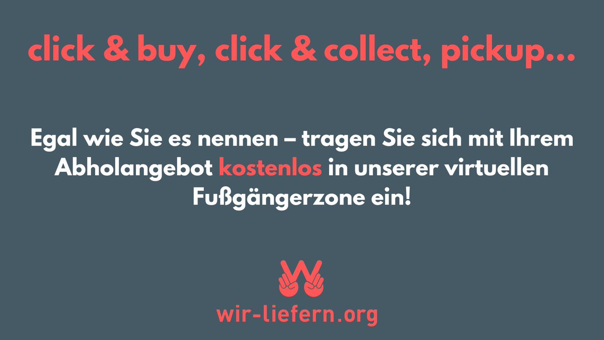 Wirliefernorg's tweet photo. Informieren Sie Kunden mit einem kostenlosen Eintrag auf https://t.co/1G6wSVVKqB!
#pickup #clickandcollect #clickandbuy #lockdown #supportyourlocals #supportyourlocaldealer #supportyourlocalshop #lieferservice #wirliefern #corona #lieferdienst #abholung #einzelhandel #hde https://t.co/S0M9C1FyIs