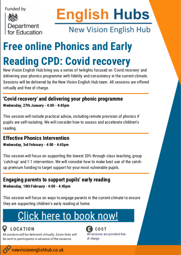 Calling Reading Leaders and Key Stage 1 teachers to join our *free* phonics workshops to think about your remote teaching provision, how to support your most vulnerable pupils and how to engage parents to support your pupils' reading progress. Book here: eventbrite.co.uk/e/free-online-…