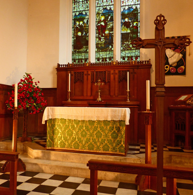 Typically in a church of the Commissioners' period, the interior is plain, but benefits from some attractive woodwork & furnishing installed in two episodes. Prothero & Phillott of Cheltenham enlarged the chancel 1899-1900, with reredos carved by Martyn's & pulpit by Haughton.