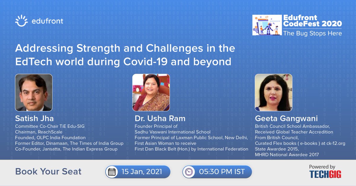 techgigdotcom's tweet image. Ready for a live #webinar on ‘Addressing Strengths and Challenges in the EdTech world during COVID-19 and beyond’?
Secure your seat NOW: bit.ly/2XtVT3s
Date: 15th January 2021
Time: 5:30 PM IST
#TechGig #Codefest2020 #Edufront #schools #contest
