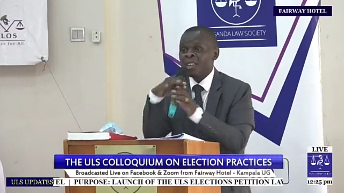 ug_lawsociety's tweet photo. Happening now: ULS COLLOQUIUM ON ELECTION PRACTICES.
Mr. Joseph Kyazze presenting a paper on collecting evidence, preparing evidence in court and opportunities in regards to election petitions: What does court look at?
#ElectionPractices https://t.co/c6fhW6rpa3