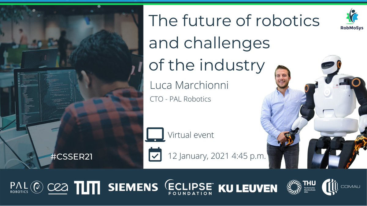 PALRobotics's tweet photo. Tomorrow starts the #CSSER21 conference by @RobMosys. You still have the chance to register for free and hear our CTO, @luca_marchionni talk about the future of robotics and challenges of the industry. ➡️https://t.co/3THThHSpGd
#webinar #Robots #AI #tech https://t.co/WZ6zALucms