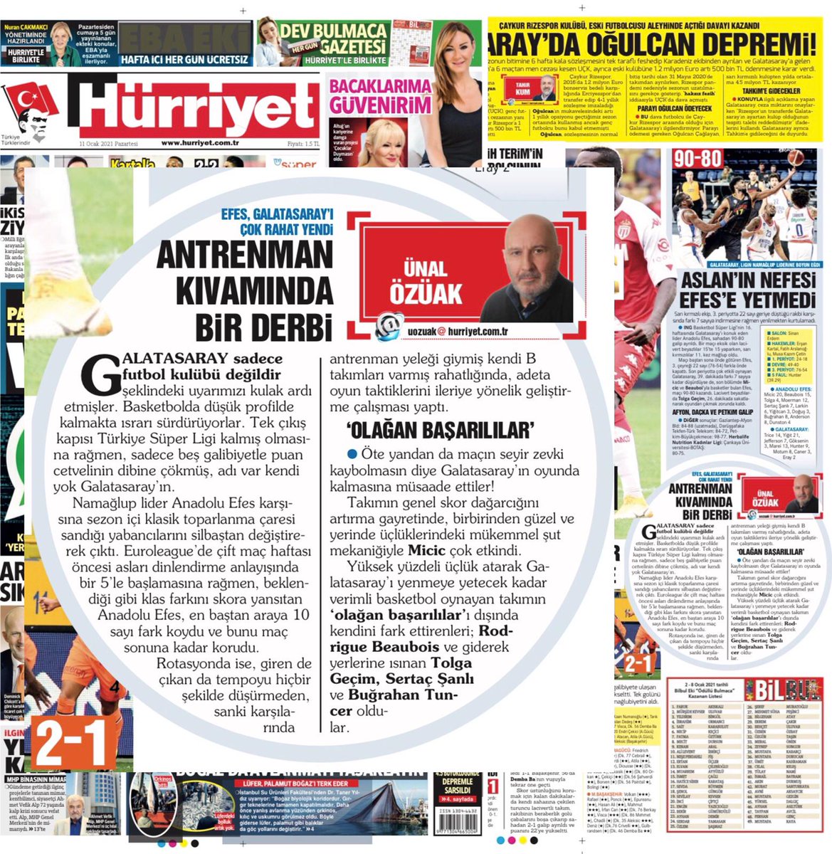unal444's tweet photo. #ÜnalÖzüak #Hürriyet #Gazete #HürriyetGazete #11Ocak2021 #Derbi #Basketbol #GS1905 #AntremanKıvamındaBirDerbi #AnadoluEfes #ErginAtaman
#HayatEveSığar #EvdeKal https://t.co/CJ7zyCAhAu