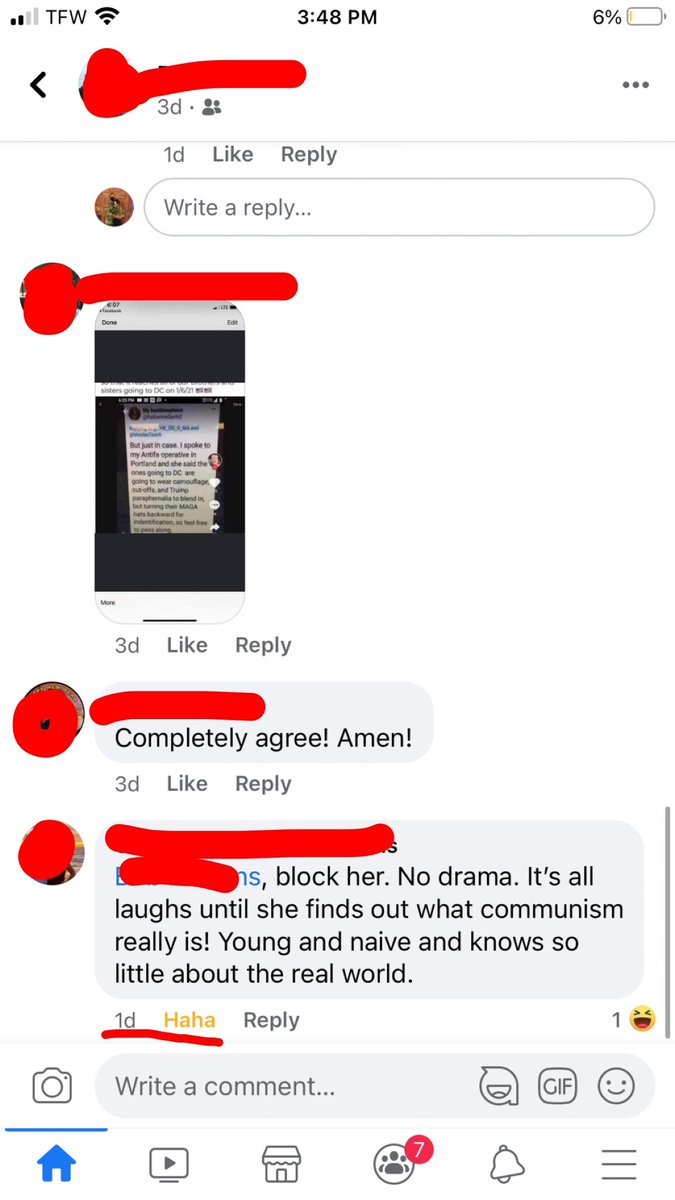 lexi_pound's tweet photo. When you get blocked by family members who are 40+ years old for simply laugh reacting to their post and a comment made about me. Me naive? When you’re sitting there calling the scum that stormed the capitol building “protestors” ? 😗😗😗 https://t.co/bA3iJcpIfp