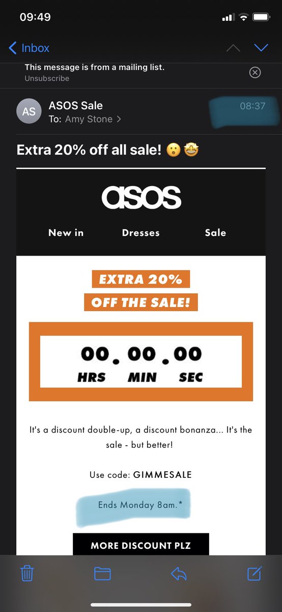 amystone1004's tweet photo. Love this from @ASOS getting a 20% off the sale email at 08:37 even tho the deal ended at 08:00 😅😂 @ASOS_HeretoHelp https://t.co/HLnGw695Q3