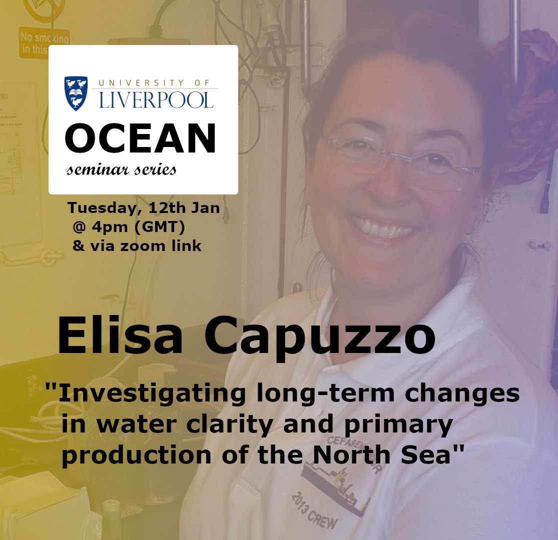 Tomorrow 12th Jan at 1600 (GMT) : Elisa Capuzzo (<a href="/dictioca/">Elisa Capuzzo</a>) from <a href="/CefasGovUK/">Cefas</a> will present her work

"Investigating long-term changes in water clarity and primary production of the North Sea"

Join us --> liverpool-ac-uk.zoom.us/j/98744176388?…

Share with your networks! @Env_Sci <a href="/livunioceansci/">Ocean Sciences at Liverpool</a>