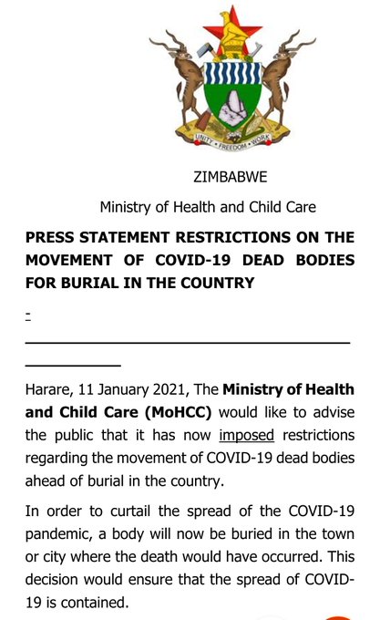 Movement of covid-19 dead bodies for burial in Zimbabwe