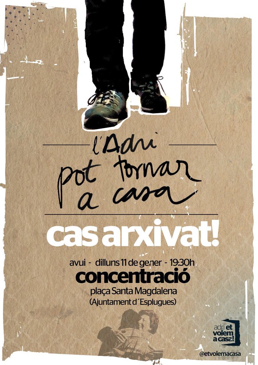 ⚠️ VICTÒRIA POPULAR ⚠️
 
Cas arxivat: 
l'ADRI POT TORNAR A CASA! 

Gràcies a la solidaritat, la lluita al carrer i la desproporcionalitat de les acusacions l'Adri pot tornar a casa. 

Avui a les 19:30h concentració a l'Ajuntament d'Esplugues! 

#AdriEtTenimACasa