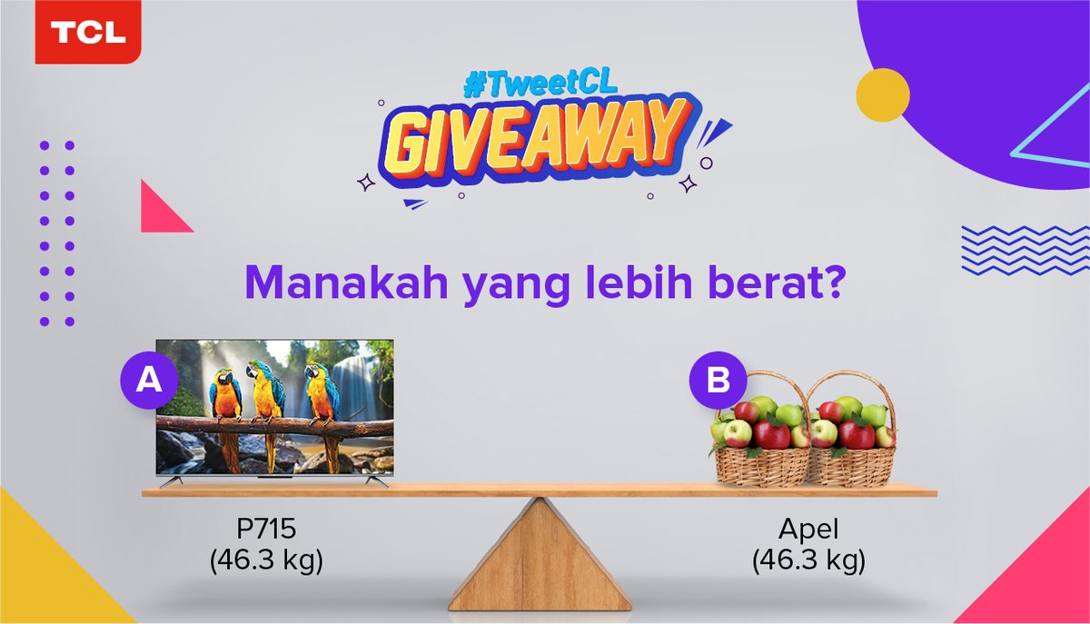 tclelectronicid's tweet photo. Sobat TCL, coba jawab pertanyaan ini yuk! Kamu udah tahu kan jawabannya! Yuk, langsung reply jawabannya dan tambahin hastag #TweetCL, ya! #TCLIndonesia #TCLSmartLiving https://t.co/mbQohDwxvT