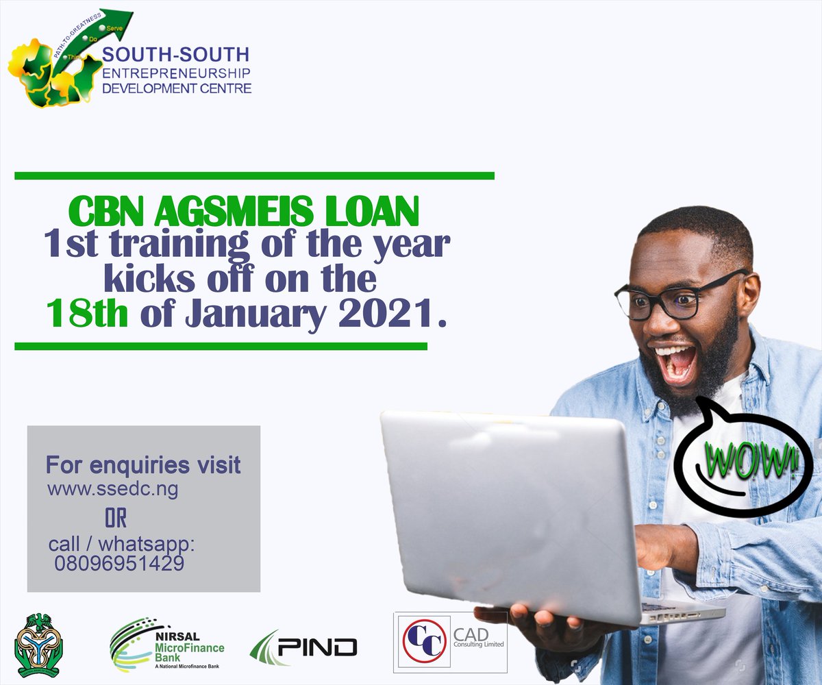 cbnssedconline's tweet photo. If you missed out in 2020, don't miss this!!
The first batch of training kicks off on 18th January 2021, register now to get trained to enable you apply for the CBN-AGSMEIS Loan.
For further inquiries
Call/WhatsApp: 08096951429
Visit: https://t.co/IjYkrfk6NU
#ssedc
#nirsalmfb https://t.co/onYxAL5hq0