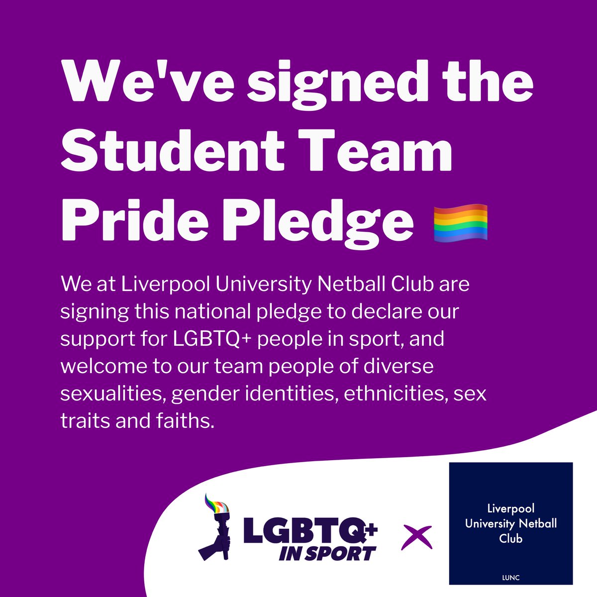 At Liverpool University Netball Club, we’ve signed the <a href="/lgbtqsport/">LGBTQ+ in Sport</a> Student Team Pride Pledge, declaring our support for LGBTQ+ people in sport. To find out more, and to see the national network of university teams who’ve signed, go to: lgbtqsport.co.uk/student-pledge #studentsportpride