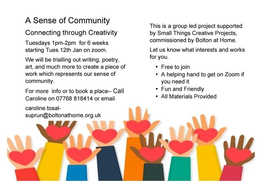 CarolineTBAH1's tweet photo. A few spaces left for this brand new project with @smallthingscp exploring creative techniques to produce a group piece of work all via zoom. #creativityonline #funandfriends #trysomethingnew #connect for more info or to book a place call/text Caroline 07768818414 Or DM https://t.co/6wE4aHxdqn