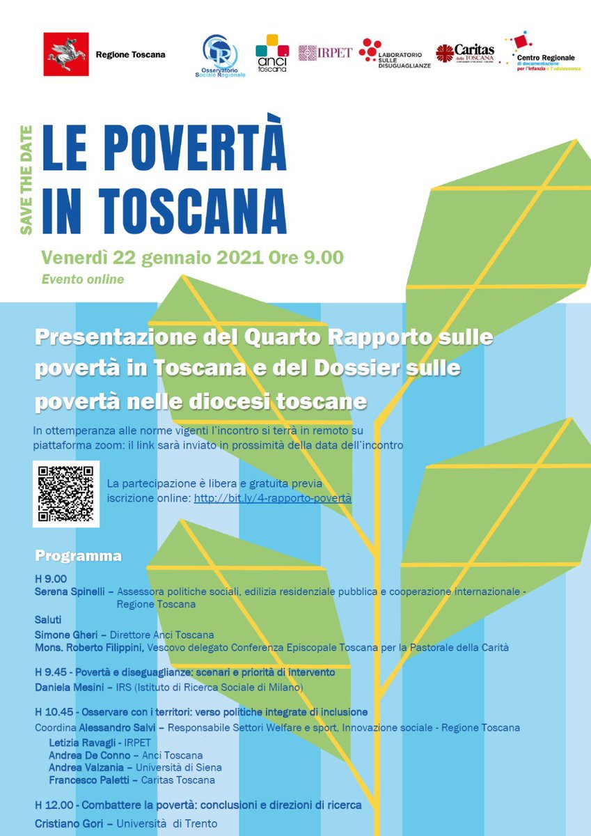 Venerdì 22 gennaio alle h.9.00 si terrà online l’evento di presentazione del Quarto rapporto sulle povertà in Toscana e del Dossier sulle povertà nelle diocesi toscane.

La partecipazione è libera e gratuita previa iscrizione 📲 bit.ly/4-rapporto-pov…
