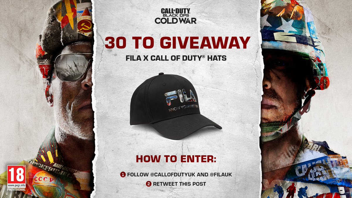 CallofDutyUK's tweet photo. To know where you're going, you need to know where you've been.
That's why we've teamed up with @FilaUK to give away 30 "Know Your History" hats. To be in with the chance to win one, follow both @FilaUK and this account and RT this post.
Good luck.
#BlackOpsColdWar https://t.co/qffnjyCp9e
