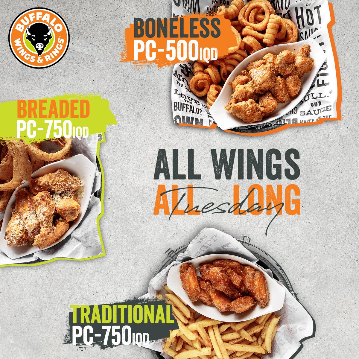 BuffaloErbil's tweet photo. Wings Frenzy offer rocks on! Who said gluttony was a sin? Come and devour sinfully good wings!
تريد تجرب كل الأجنحة مرة وحدة؟
عرض اليوم راح يكون خاص الك تگدر تسويها تشكيلة على مزاجك واطلب بالقطع واستمتع بكل انواع اجنحتنا مرة وحدة.

#Buffalove #Erbil  #Tuesday #WingsFrenzy https://t.co/AsGMN5Vm6H