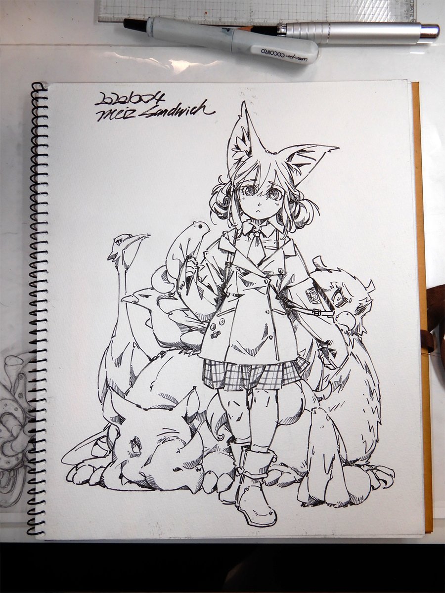 線画。最初に真ん中の子を描いて、時間の開いた時に周りを描き足していったので、ラフを撮影してありませんでした。 
