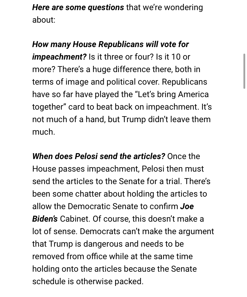 Here are some dynamics we’re wondering aboutHow many House Rs vote for impeachment?When does Pelosi send the articles?