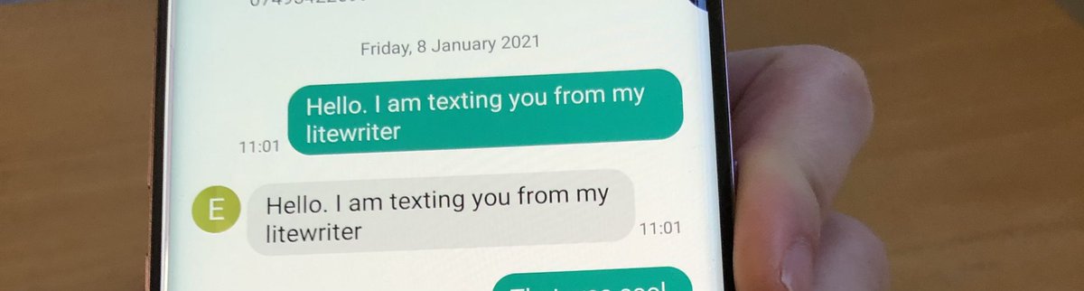 SLTPHU's tweet photo. In good news ...... SLT exploring Bluetooth text functions on our new #lightwriter so that ppl with communication difficulties can text their loved ones @lightwriter @StoppardMaggie @MCubbonNHS @LizRix_PHU @QAHospTherapies https://t.co/N1HTdTrnBF