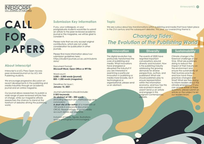 interscriptUCL's tweet photo. ‼️ THIS IS YOUR 3 DAY COUNTDOWN TO SEND US YOUR SUBMISSIONS!
📢 Calling #you, #yourcolleagues or your #postgraduatestudents to submit your article(s) on #innovation, #diversity or #sustainability in #publishing by January 15th! ⬇️
#CallforPapers #sendsubmissions #universities https://t.co/K2XMHqjdlX