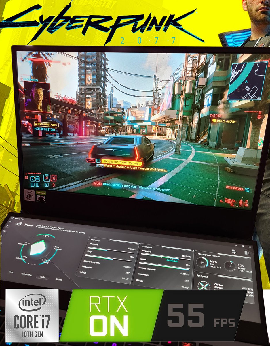 laurentschoice's tweet photo. Cyberpunk2077 butter smooth on the ROG Zephyrus Duo 15 (10th Gen Intel Core i7). Big thx to @IntelGaming  @asusrog_na for sending this awesome machine. 

check it out here: https://t.co/7XojbRAj2S

#rtx #intelgaming #IntelPartner #IntelUnleashedROG #asus #rog #pcgamers https://t.co/w5B2AUMBGD