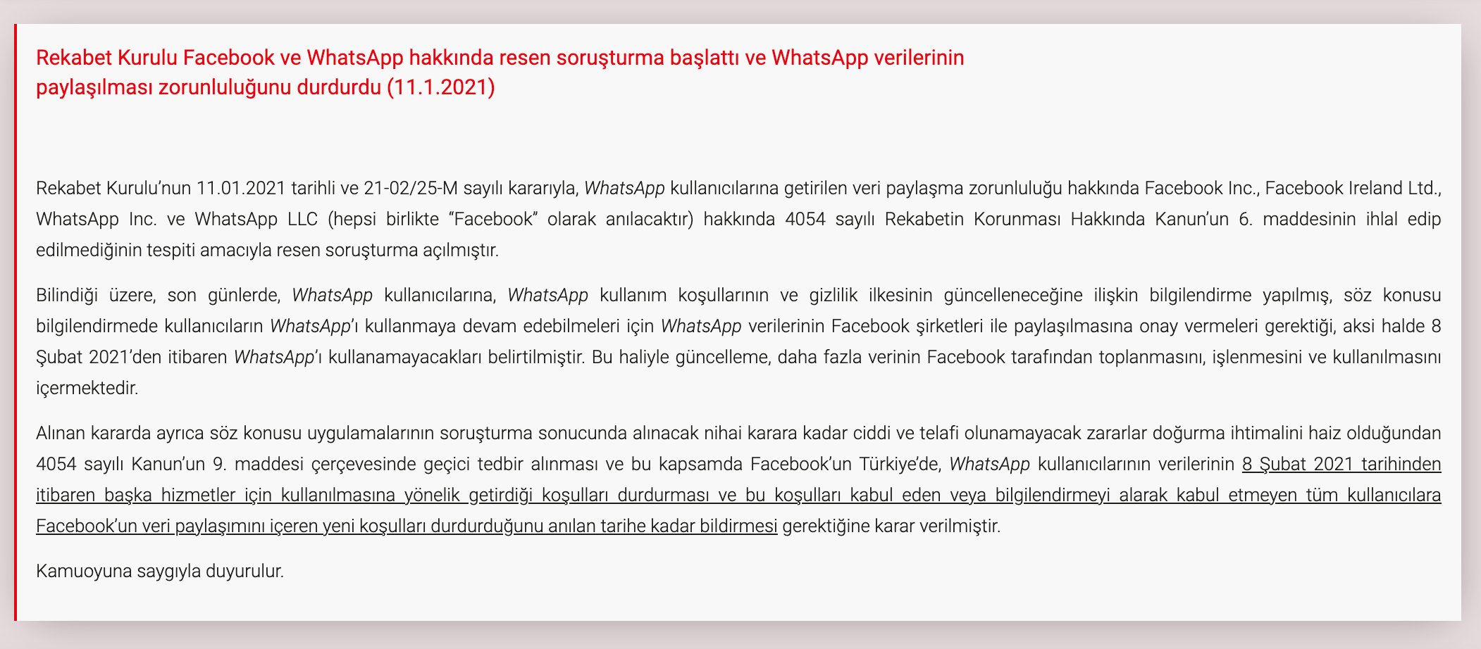 Rekabet Kurulu Facebook ve WhatsApp verilerinin paylaşılması zorunluluğunu durdurdu