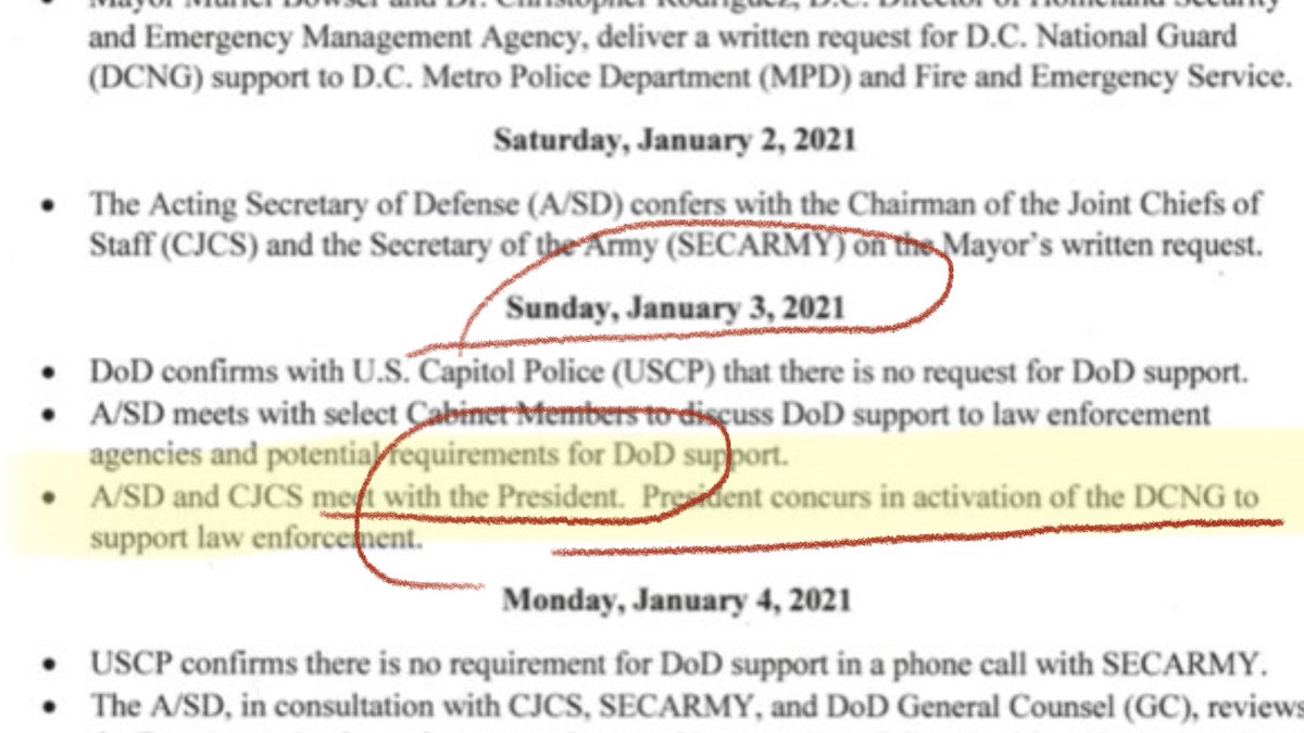 Secretary of Defense Timeline January 3, 2021 US Capitol Police did not request for DoD support President  #Trump concurs with Asst Sec Of Defense of activation of the DC national Guard to support law enforcement .