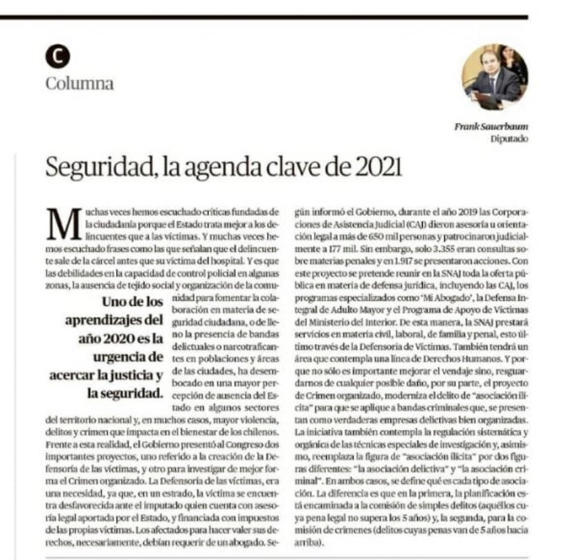 frank_sauerbaum's tweet photo. Hoy en @CronicaChillan “La Defensoría de las víctimas,era una necesidad,ya que,en un estrado,la víctima se encuentra desfavorecida ante el imputado quien cuenta con asesoría legal aportada por el Estado”@min_interior @DiputadosRN @ladiscusioncl @RadioNuble https://t.co/U29pvEO5zG