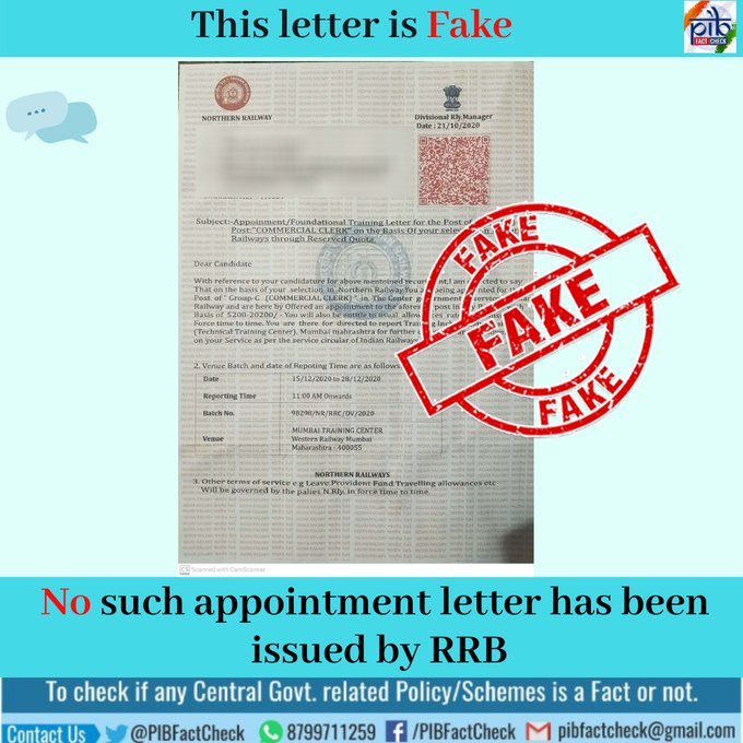 A stamp with the word fake on an appointment letter allegedly issued by Northern Railways that the applicant has been appointed for the post of Group (C) 'Commercial Clerk' 