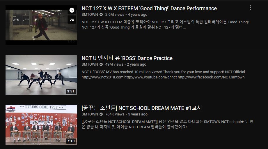 this is actually how "messy" nct contents are before their own channels were made. imagine, the smtown yt channel uploads so many contents from various artists; it's really hard to streamline nct content from here.making the nct channels is a very smart move.