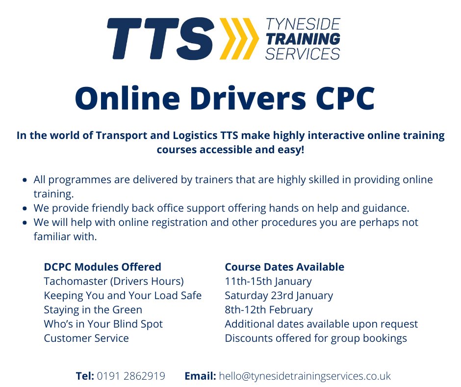 TtsServices's tweet image. Course Update - Following the current guidelines, all Drivers CPC courses are to be delivered online. To book - 0191 2862919 / hello@tynesidetrainingservices.co.uk. TTS are here to support you every step of the way!

#driverscpc #tyneside #logistics #onlinelearning