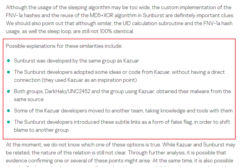 blackorbird's tweet photo. Sunburst code overlaps with Kazuar(#Turla) 
#SolarWinds 
[1]Comparison of the sleeping algorithms
[2]The FNV-1a hashing algorithm
[3]String obfuscation comparison
[4]The algorithm used to generate victim identifiers
[5]New Kazuar Code changes(2020.11)
ref:
https://t.co/pPYp8UPExx https://t.co/89VFG40zL0