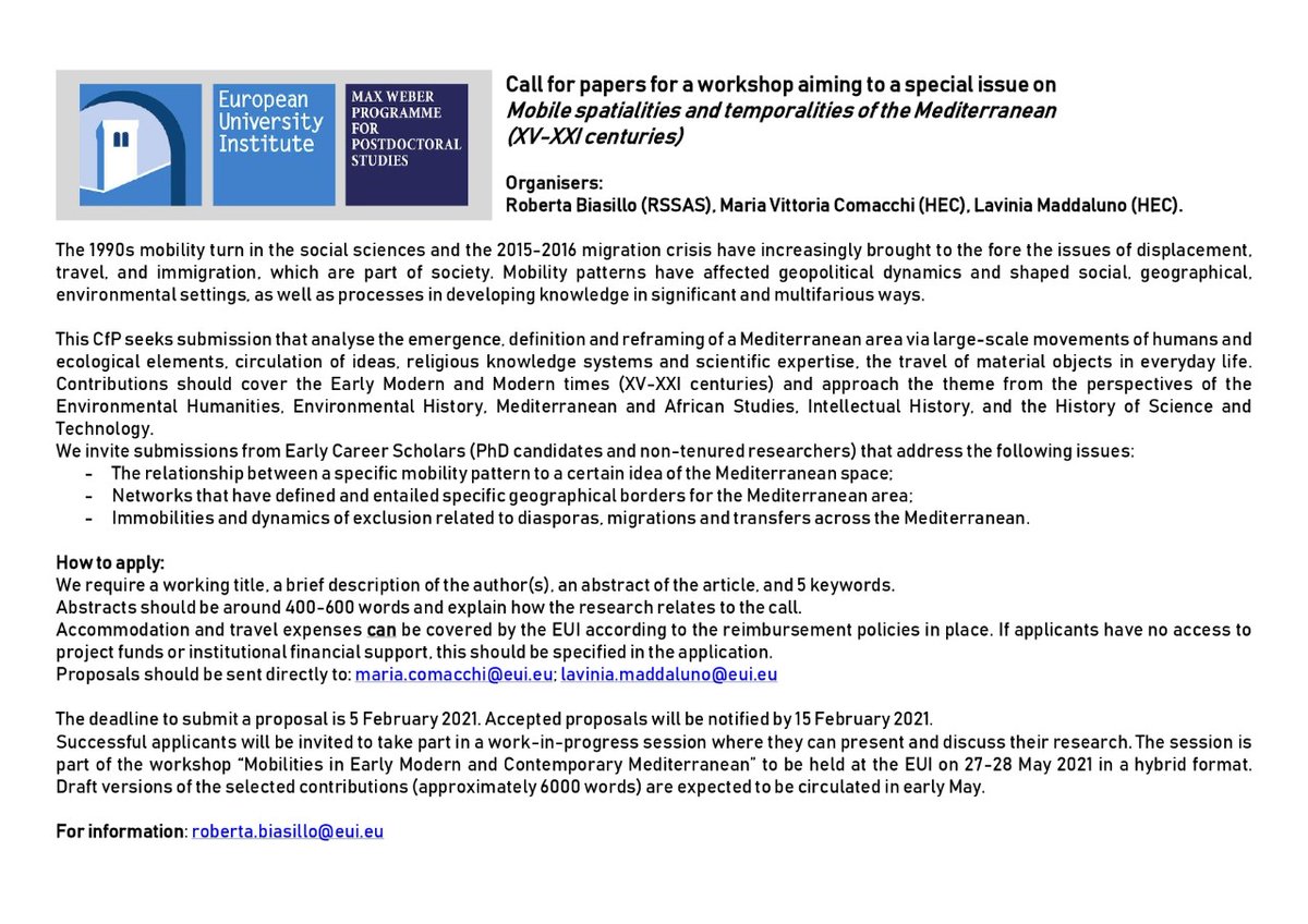 LaviniaMaddalu1's tweet photo. Relaunching our CFP for a PhD and EC workshop on #mobilities in the early modern and modern #Mediterranean (XV-XXI centuries)
We welcome proposals from #IntellectualHistory #histsc #environmentalhistory #Africanstudies
@RobertaBiasillo
@vitticomacchi
#MaxWeberProgram https://t.co/0VuK18GQ93