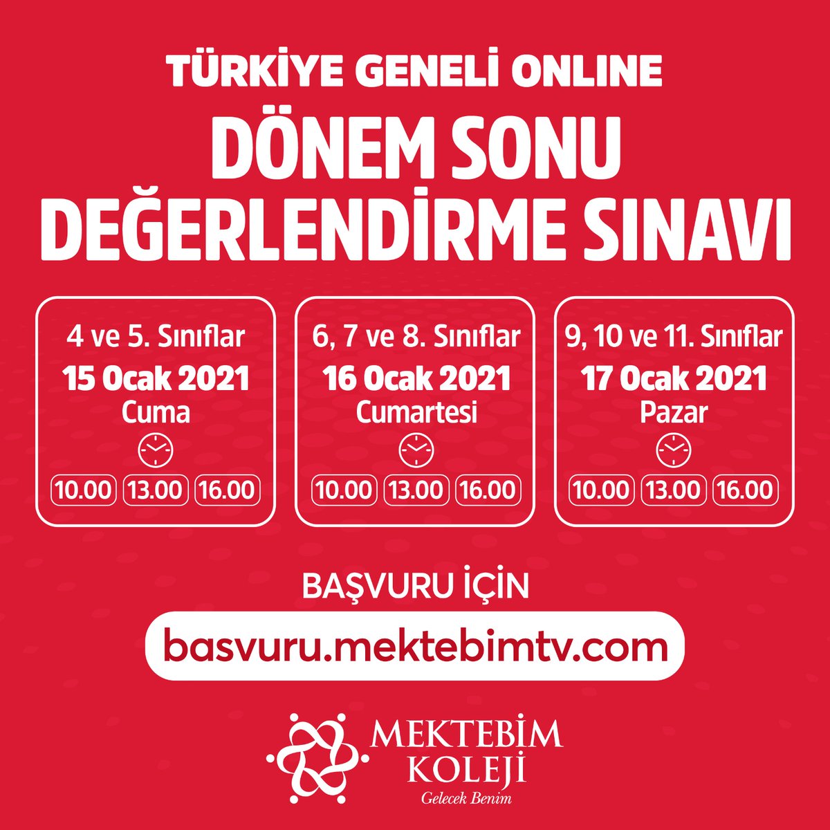 Türkiye Geneli Online Dönem Sonu Değerlendirme Sınavı'na girecek olan tüm öğrencilere başarılar dileriz.
Başvuru için 📌 basvuru.mektebimtv.com

#Mektebim #GelecekBenim
<a href="/irfalbyrk/">İrfan Albayrak</a> <a href="/AserdarS/">A. Serdar Şeker</a> <a href="/LaleMuti/">Lale Muti</a>