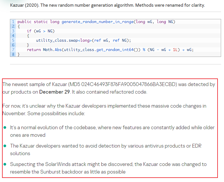 blackorbird's tweet photo. Sunburst code overlaps with Kazuar(#Turla) 
#SolarWinds 
[1]Comparison of the sleeping algorithms
[2]The FNV-1a hashing algorithm
[3]String obfuscation comparison
[4]The algorithm used to generate victim identifiers
[5]New Kazuar Code changes(2020.11)
ref:
https://t.co/pPYp8UPExx https://t.co/89VFG40zL0